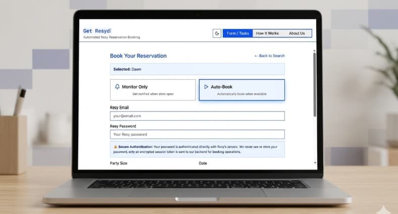 Get Resyd reservation booking flow shown on a laptop screen